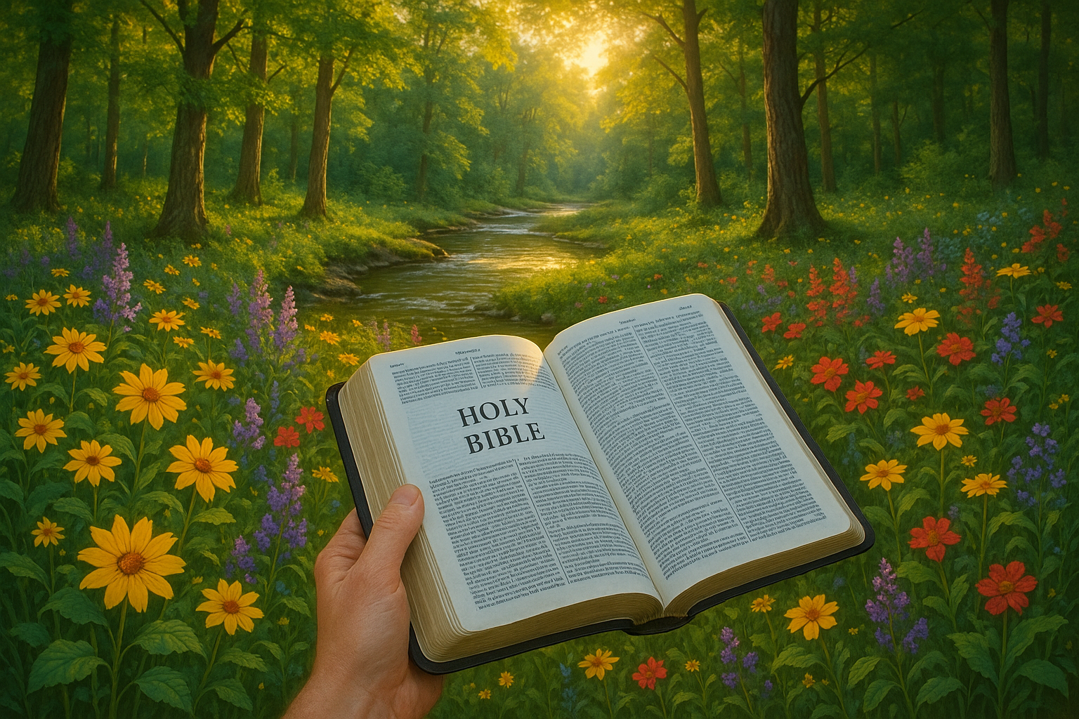 generate a beautiful vibrant  nature background in a realistic form.  with a hand holding the Bible.